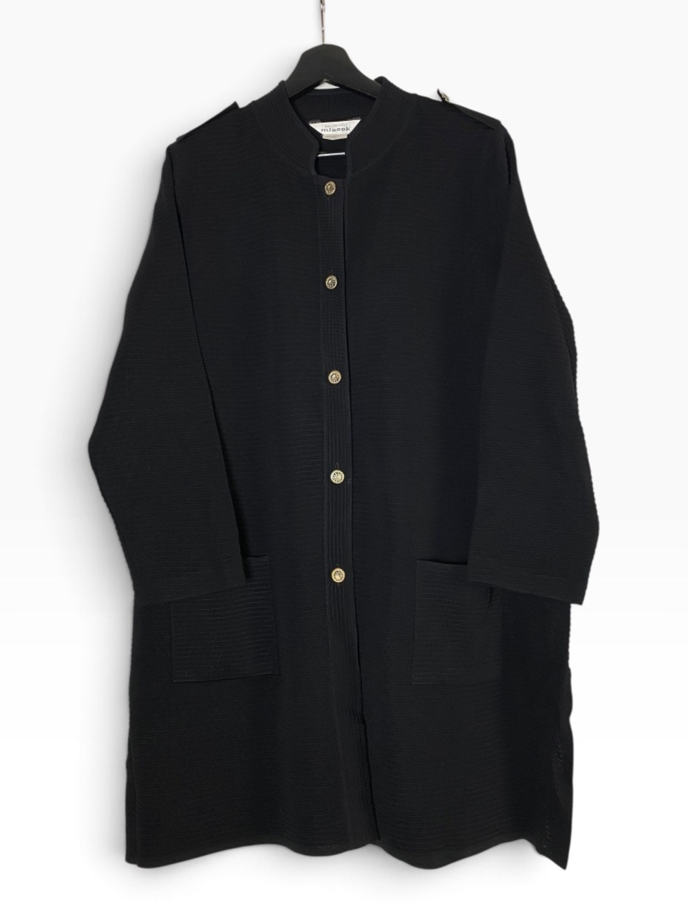 Misook Long Knit Duster Cardigan Gold Buttons Quiet Luxury Black Size L